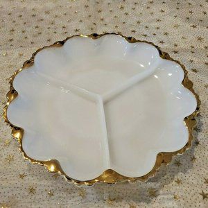 L@@K Beautiful Vintage Gold Trim White Milk Glass Divided Plate Dish ~ 10" Round